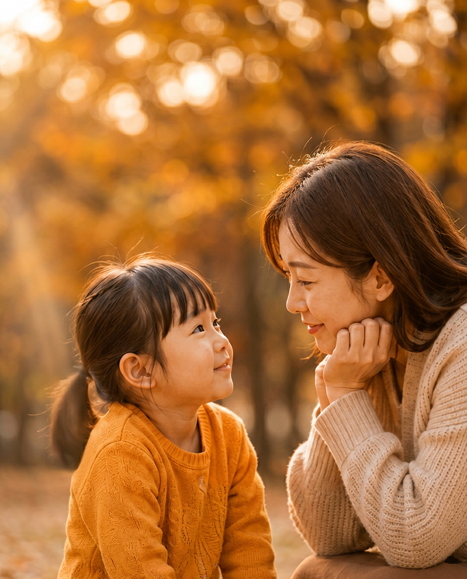 妈妈和孩子面对面，认真听孩子把话说完